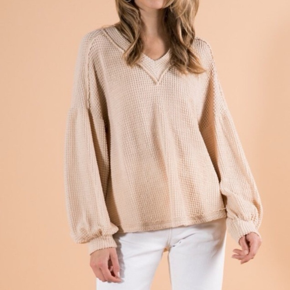 LOVERICHE V-NECK WAFFLE BALLOON SLEEVE KNIT TOP Beige Cream Womens Small - Picture 1 of 9